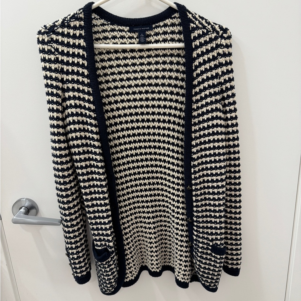 Tommy Hilfiger White and Navy Knitted Cardigan